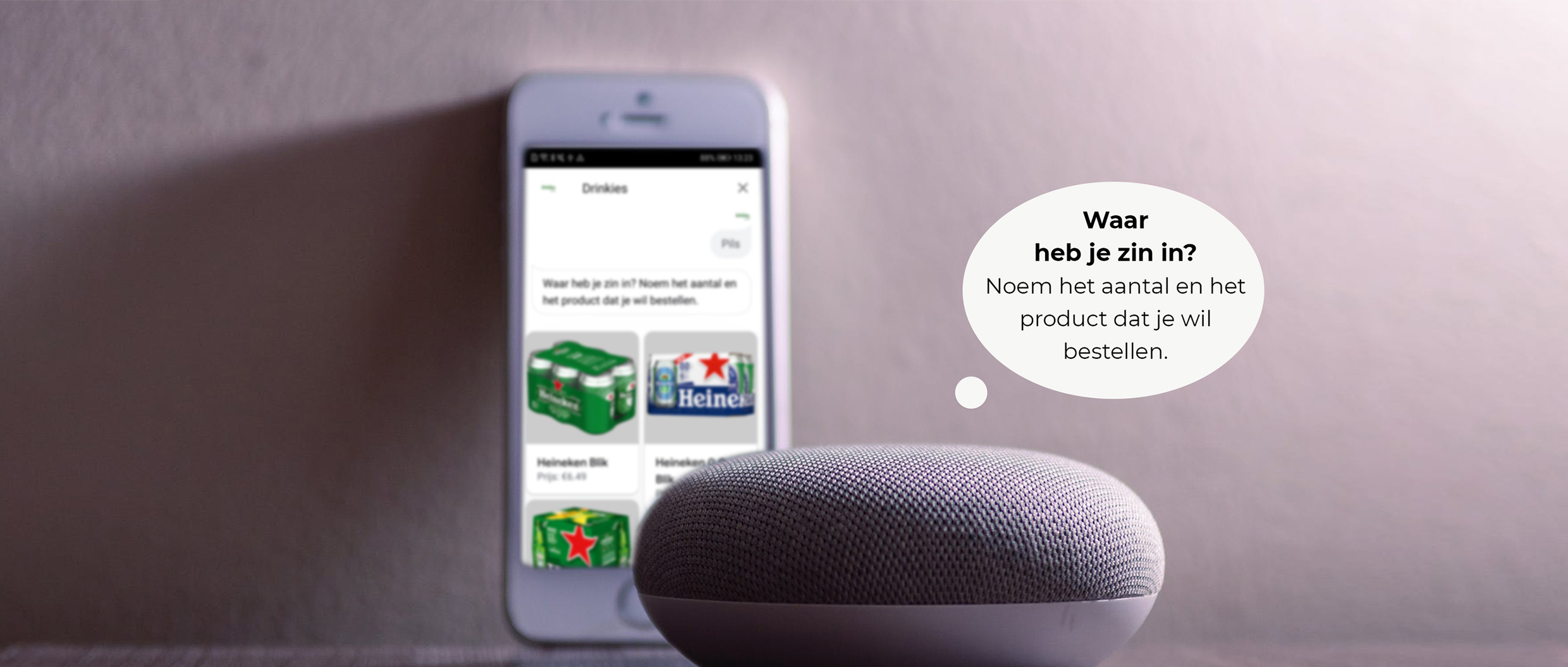 Google Nest Mini with a speech bubble