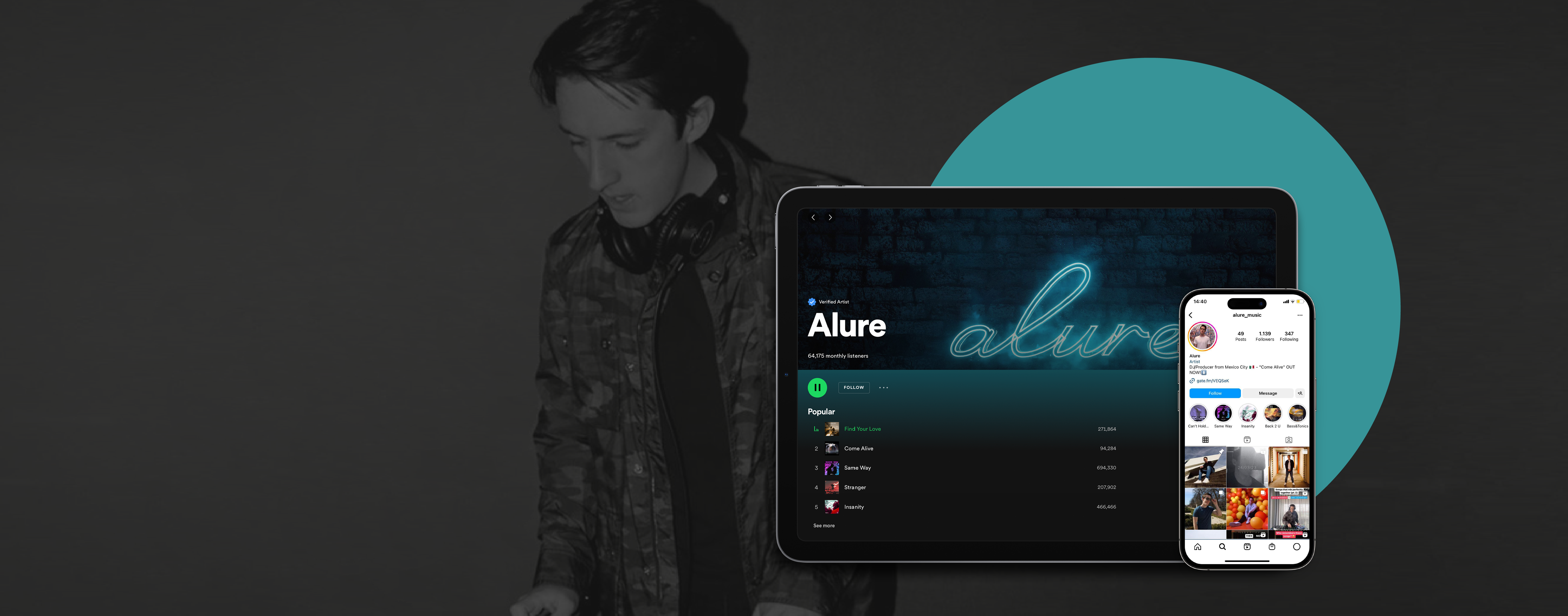 Alure's social media and Spotify profile