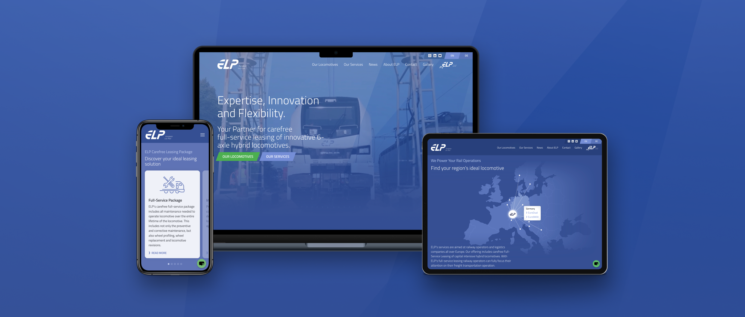 Laptop , tablet, and phone mockups showing the ELP website