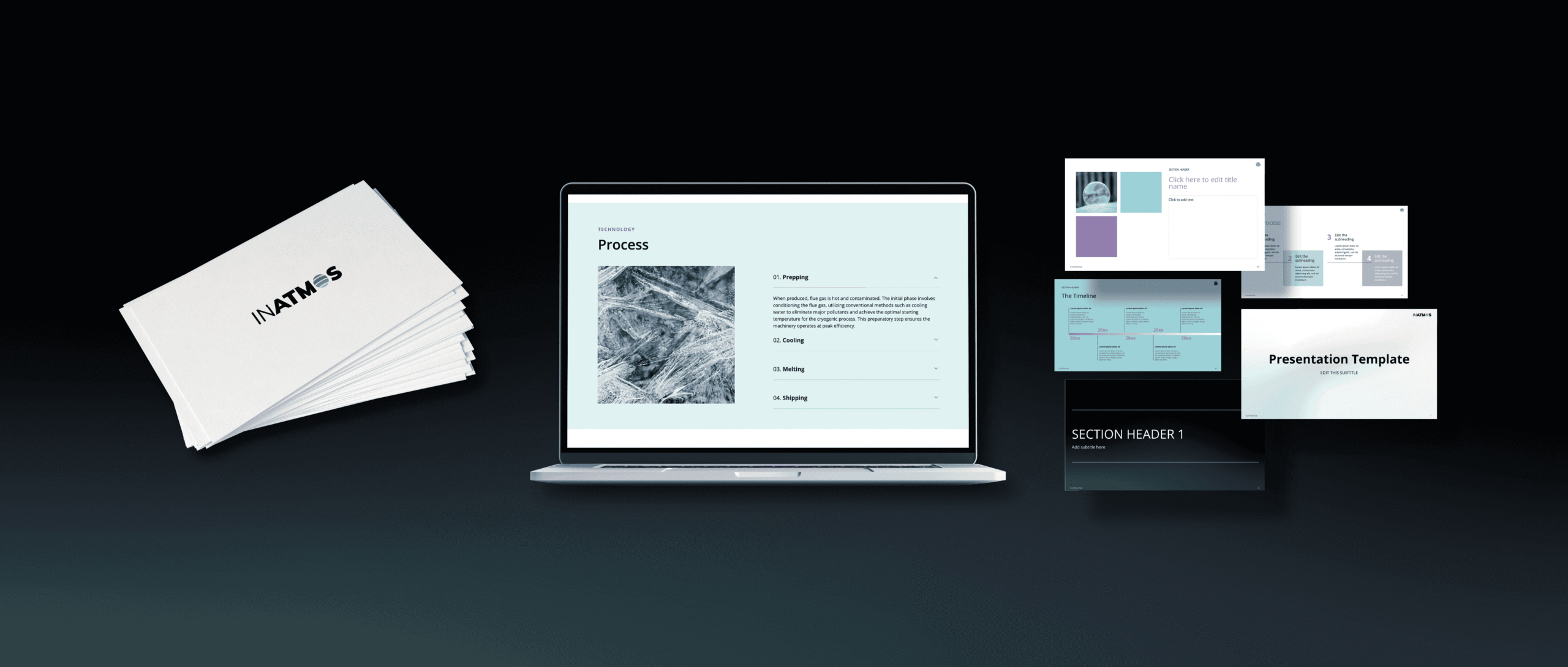 Business card, laptop, and presentation slides with InAtmos branding