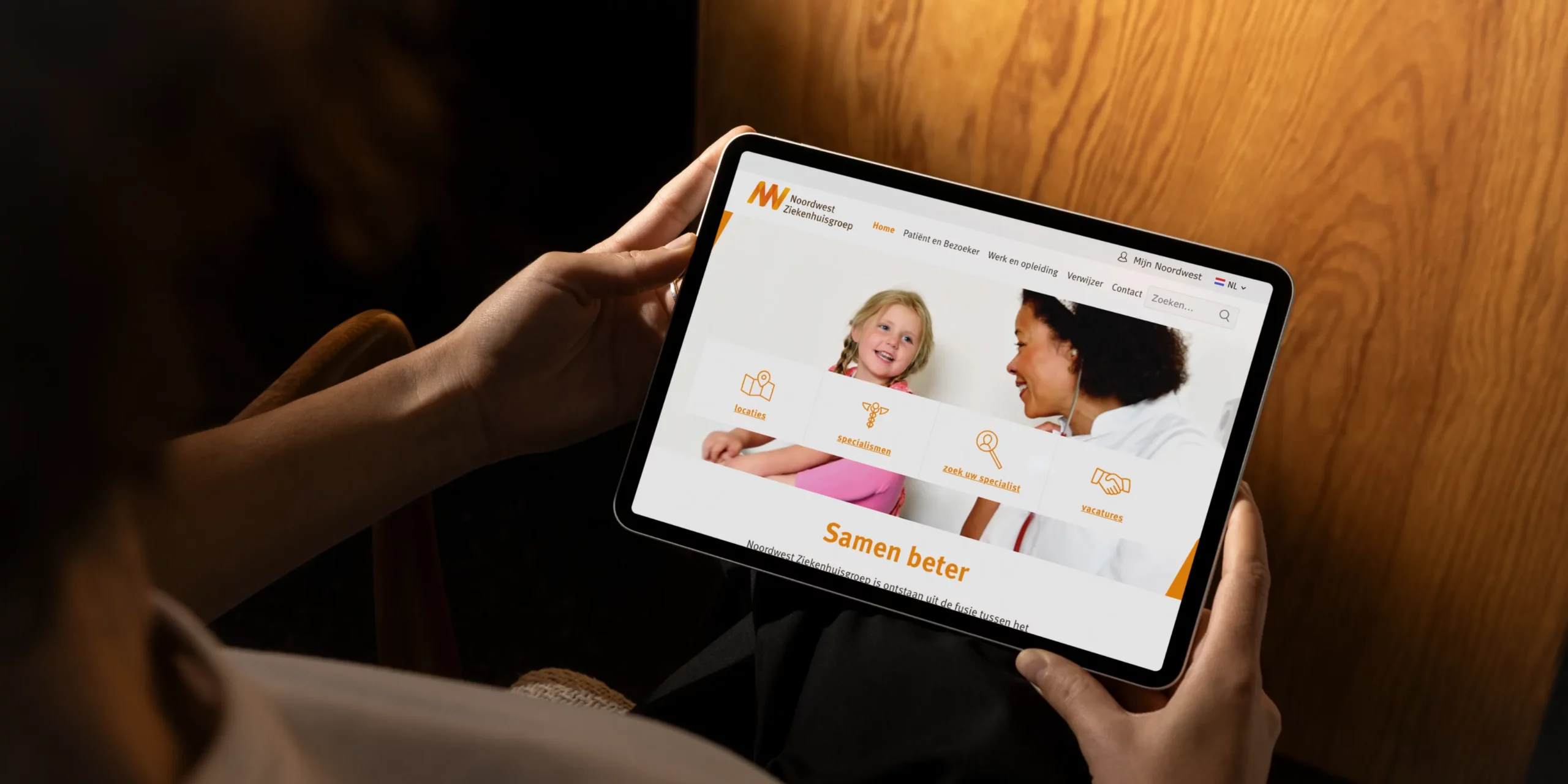 Tablet mockup showing Noordwest Ziekenhuisgroep website