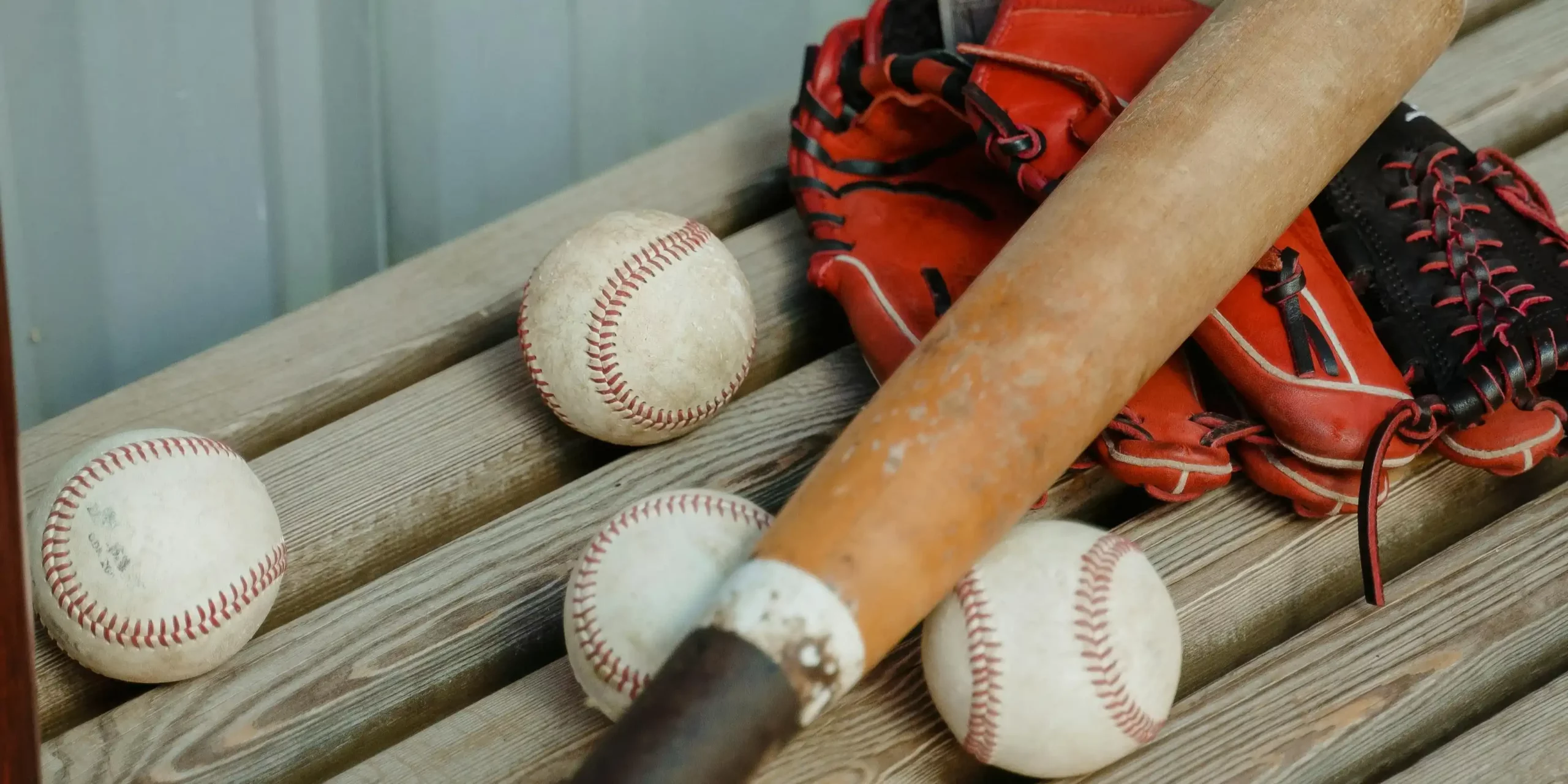 baseball bat, balls and mitts
