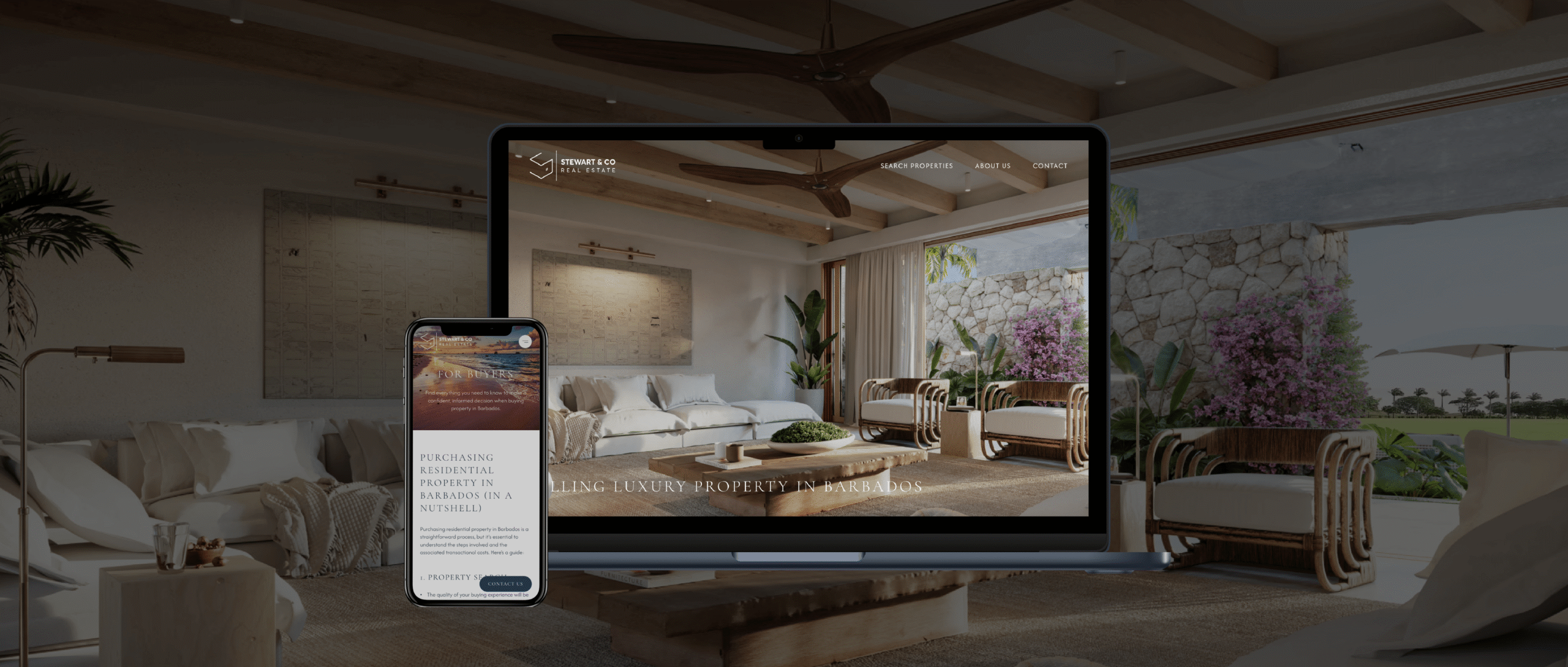 Tablet and phone mockup showing the Stewart&Co website