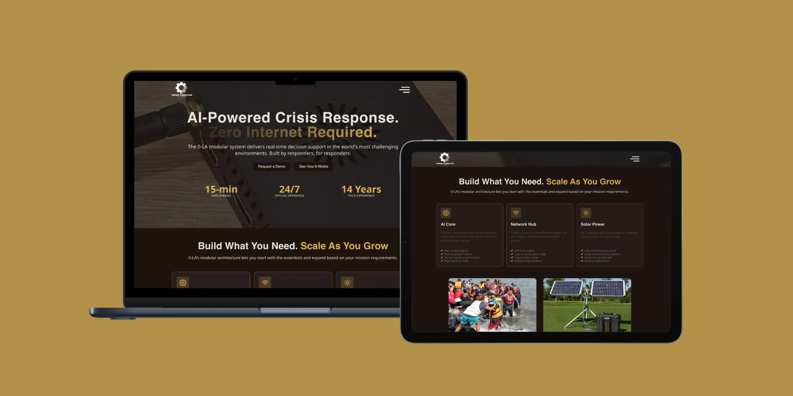 Laptop and tablet mockups of Crisis Cognition website