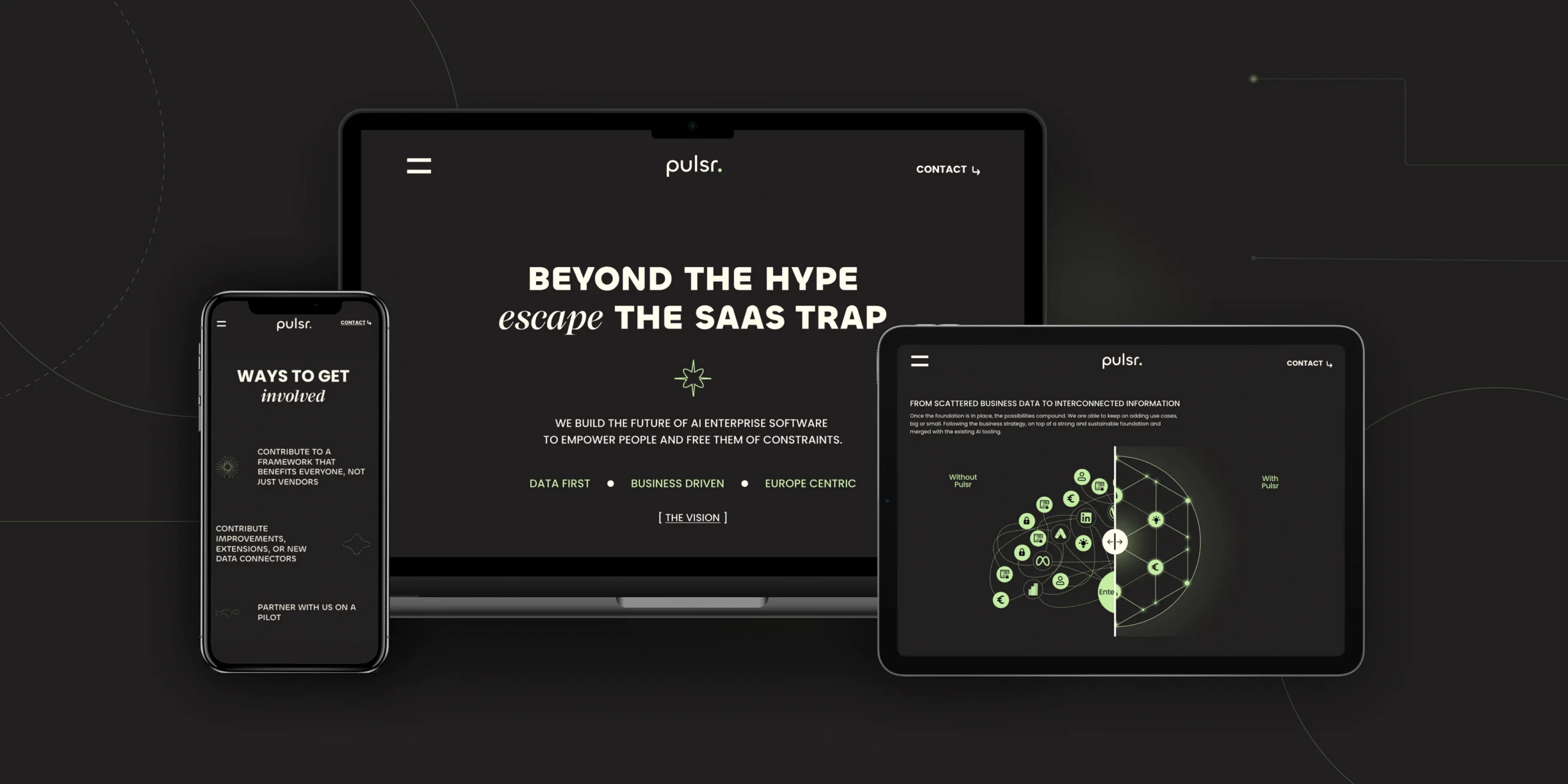 Laptop, tablet, and phone mockups with Pulsr website