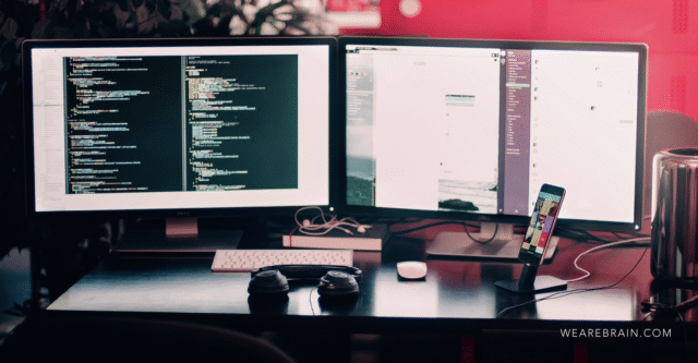 Picture of a dual-monitor desk setup