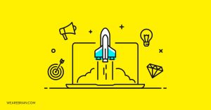 Illustration of a rocket flying from a laptop
