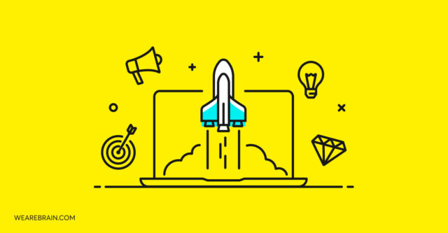 Illustration of a rocket flying from a laptop