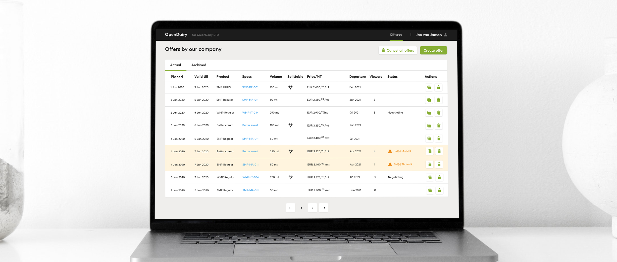 Interface mockup of a dairy trading platform