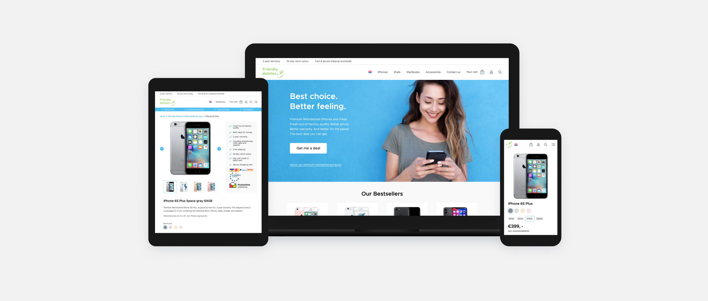 Mockups on three devices of an online shop
