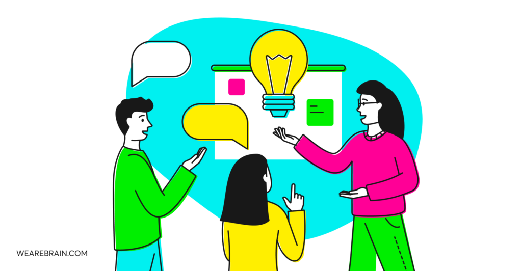 Illustration of three people discussing on a whiteboard