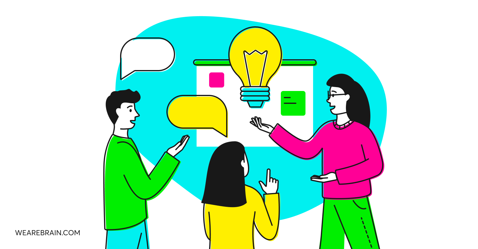 Illustration of three people discussing on a whiteboard