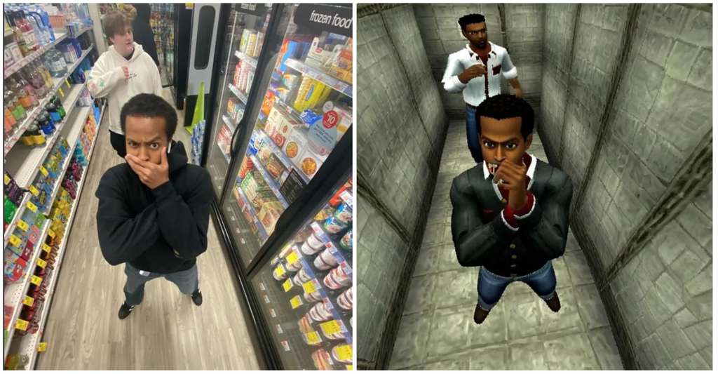 A real supermarket photo next to its AI-generated PS2-style version with low-poly game graphics.