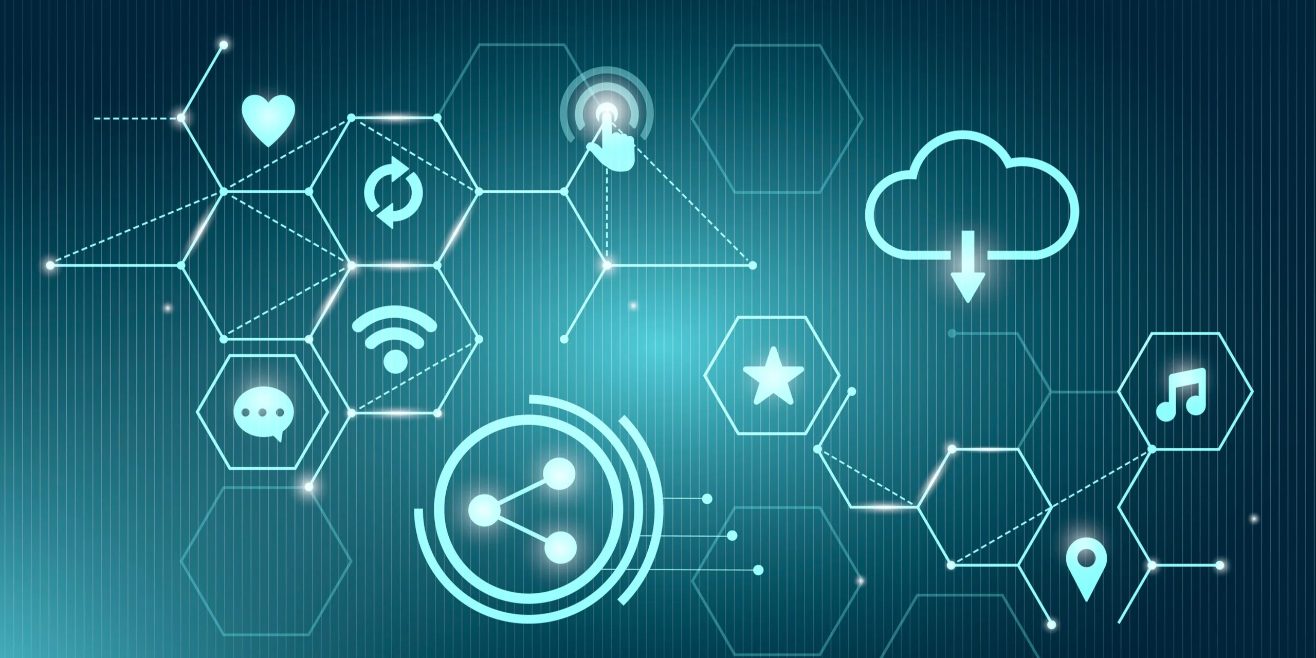Stylized interface screens, cloud data flows, or application dashboards layered with icons