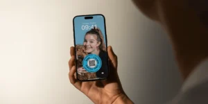 person holding a phone with a thnx tags screensaver