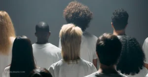 People standing backwards representing community