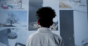A young woman standing backwards looking at a big screen